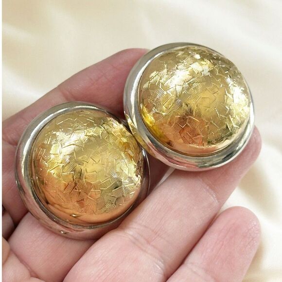 Large Two Tone Gold and Silver Dome Earrings Basketweave Design - Picture 5 of 5